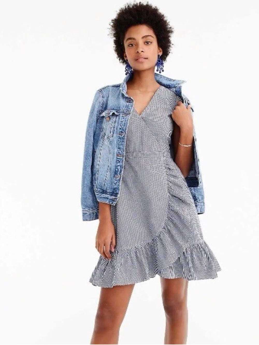 J. Crew Navy and White Polka Dot Wrap-Style Ruffle Mini Dress